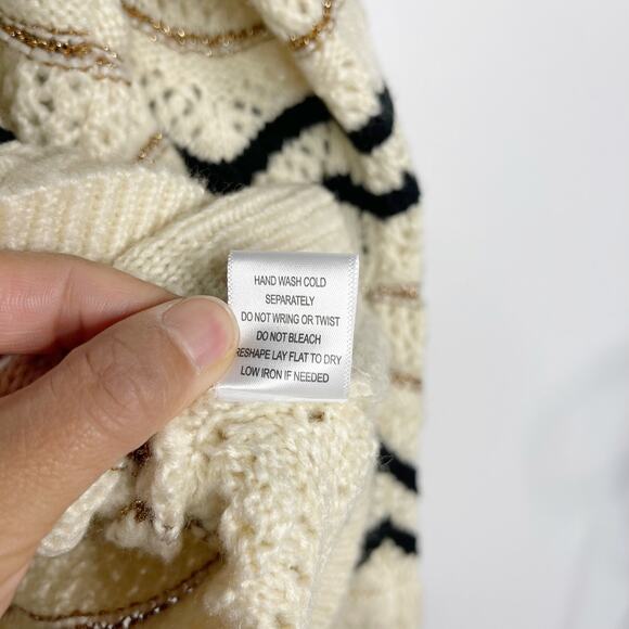 New Skies Are Blue Medium M Cream Black Gold Chevron Striped Open Knit Sweater - Picture 9 of 10